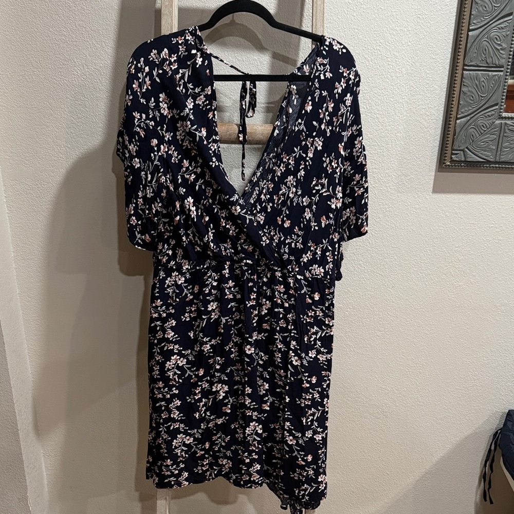 Floral Navy Wrap Knee Length Dress with Tie Detail on Back